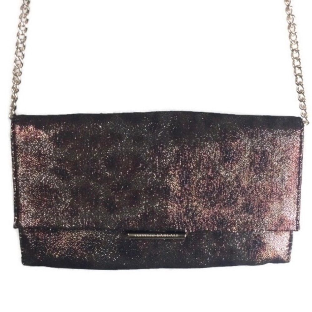 Loeffler Randall Tab Metallic Leopard Print Flap Top Push Lock Crossbody Clutch